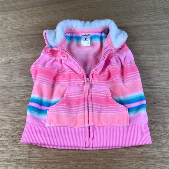 Carter’s Fleece Zip-Up Vest Pink Striped Sherpa Lined 6 Months - Picture 1 of 3
